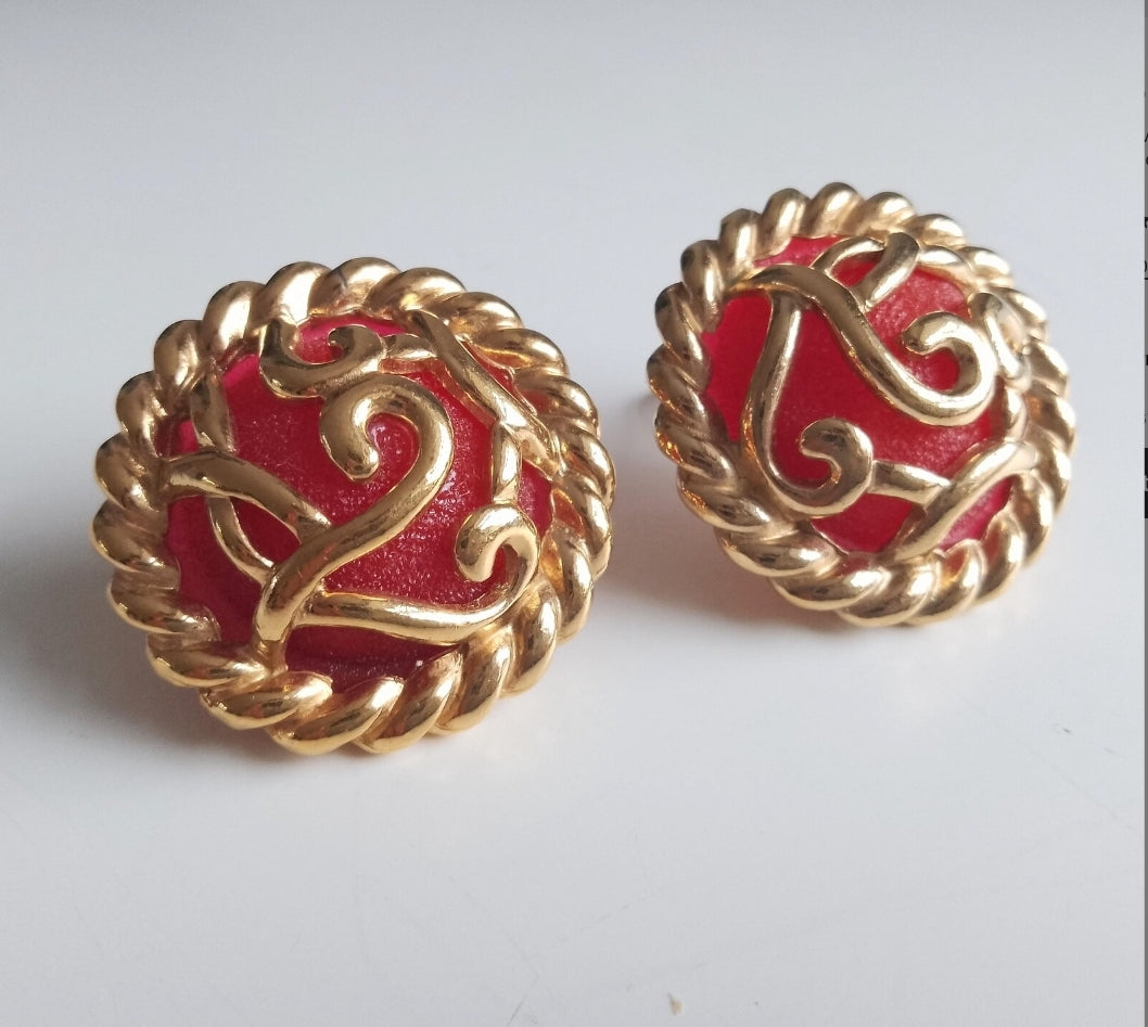 Guy Laroche Paris - Authentic Vintage French Couture Signed Clip on Earrings in Gold Tone Cage over Red Lucite Cabochons circa 1980s
