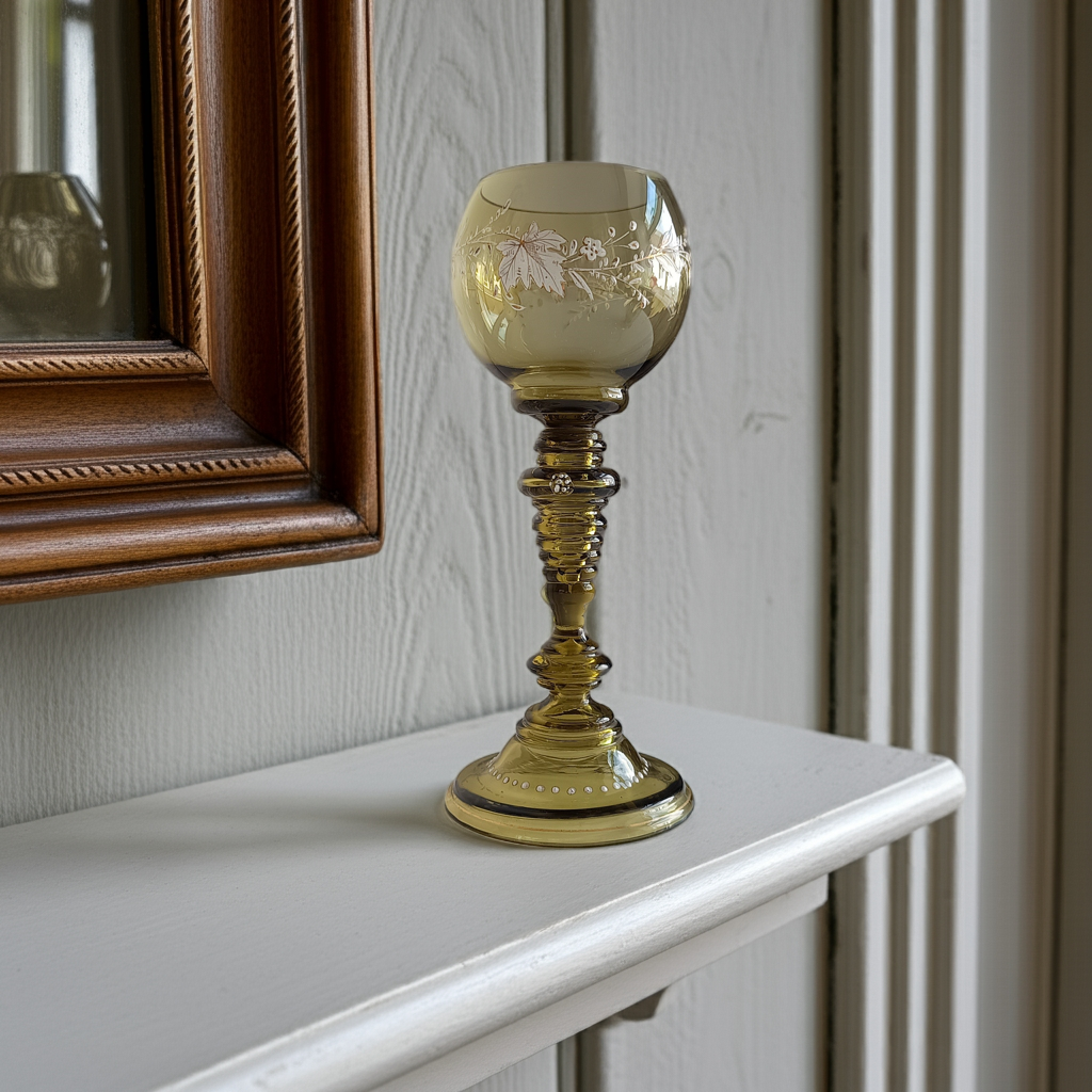 Antique Jugendstil Fritz Heckert Tall Stem Enamelled Drinking Glass Olive Green, Renaissance Revival